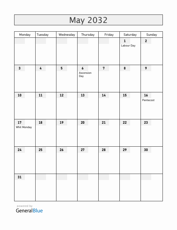 Benin May 2032 Calendar with Holidays
