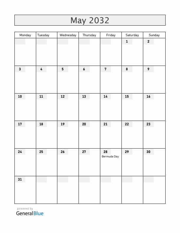 Bermuda May 2032 Calendar with Holidays