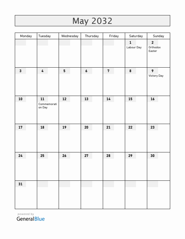 Belarus May 2032 Calendar with Holidays