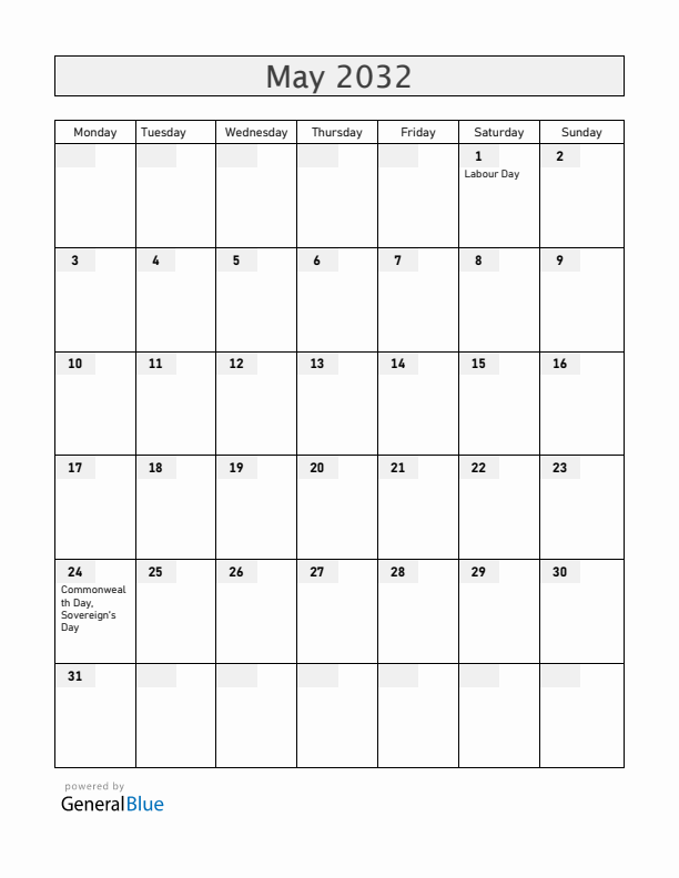 Belize May 2032 Calendar with Holidays
