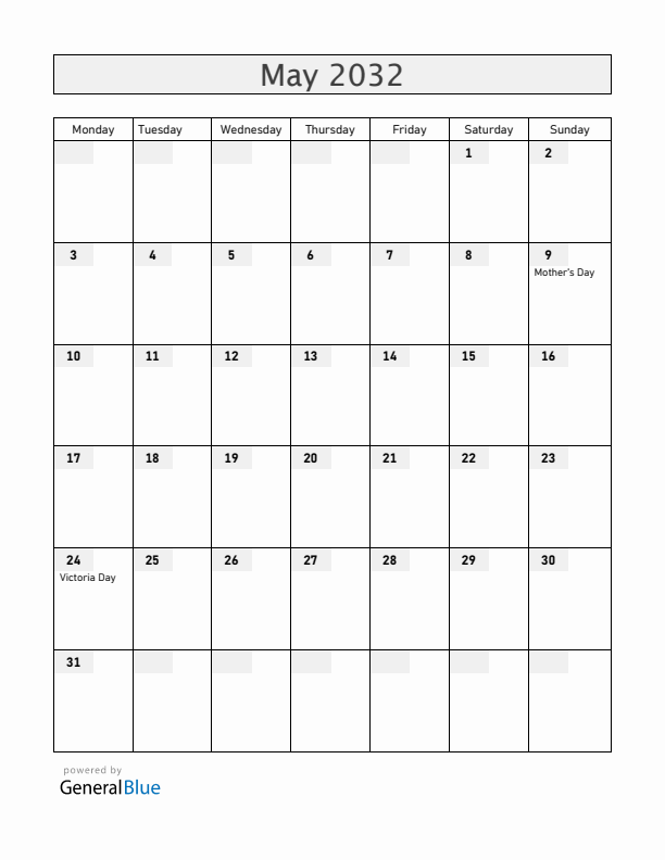 Canada May 2032 Calendar with Holidays