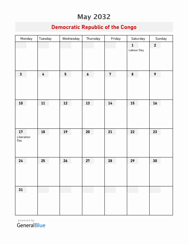 Democratic Republic of the Congo May 2032 Calendar with Holidays