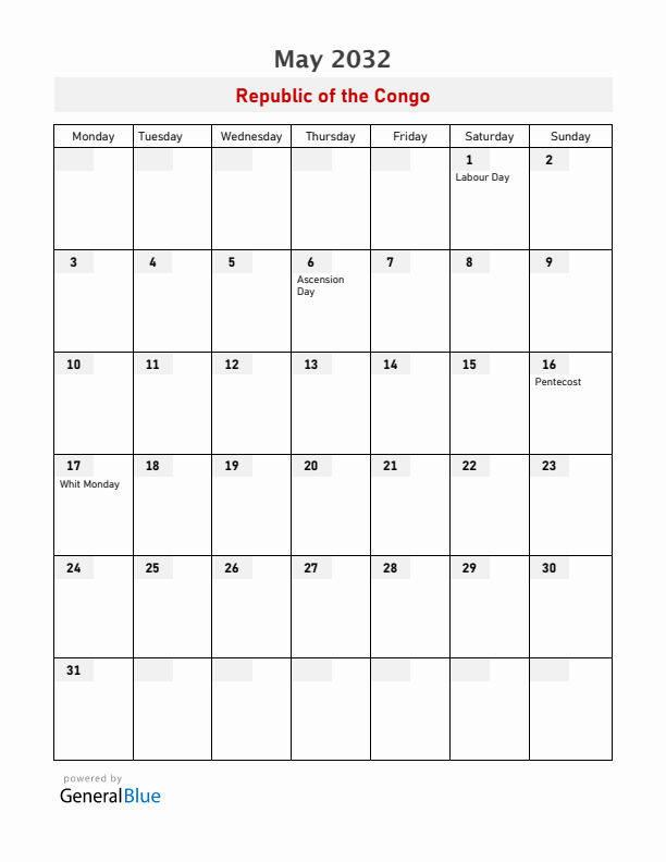 Republic of the Congo May 2032 Calendar with Holidays
