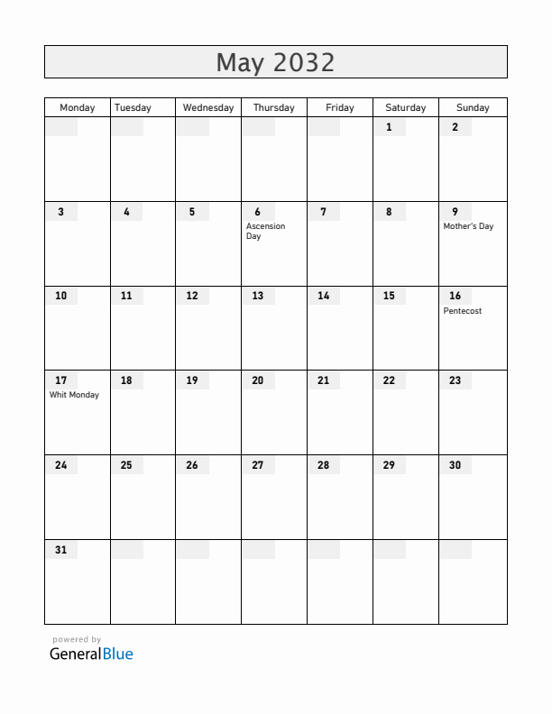 Switzerland May 2032 Calendar with Holidays