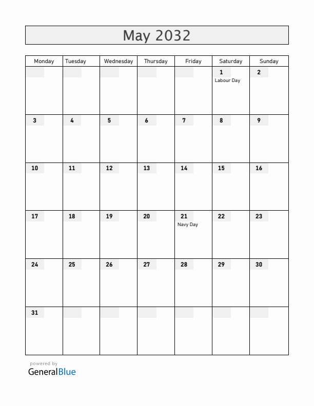 Chile May 2032 Calendar with Holidays