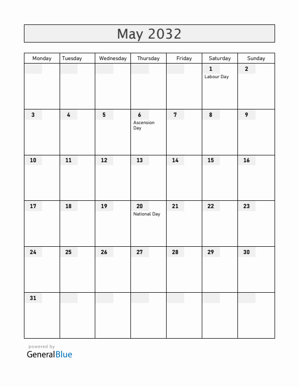 Cameroon May 2032 Calendar with Holidays