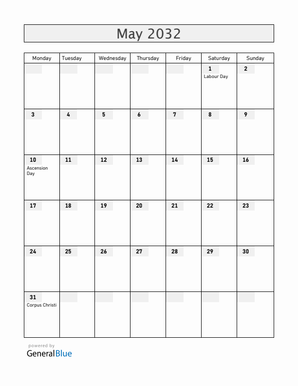 Colombia May 2032 Calendar with Holidays