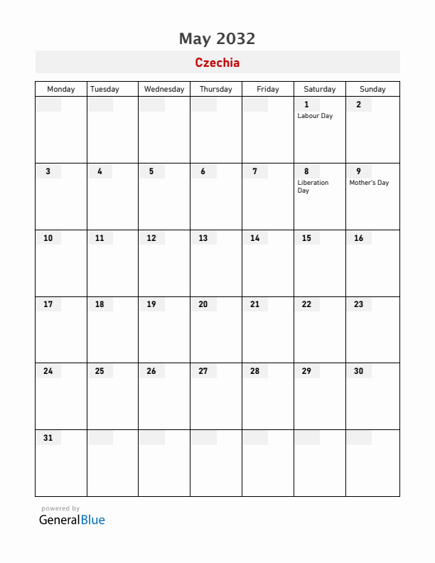 Czechia May 2032 Calendar with Holidays