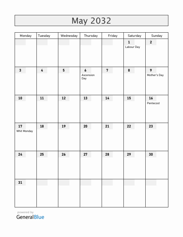 Denmark May 2032 Calendar with Holidays