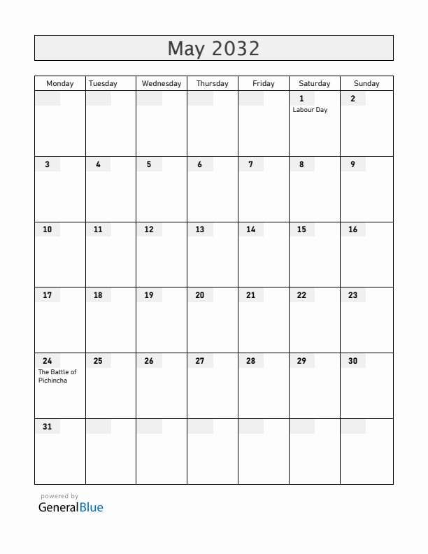 Ecuador May 2032 Calendar with Holidays