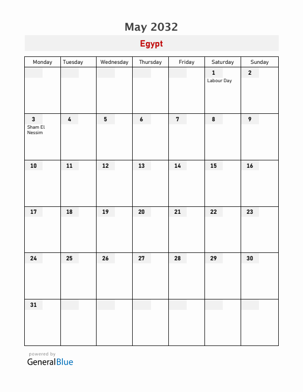 Egypt May 2032 Calendar with Holidays