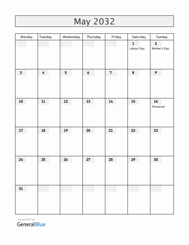 Spain May 2032 Calendar with Holidays