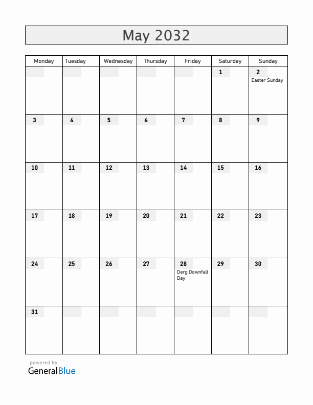Ethiopia May 2032 Calendar with Holidays