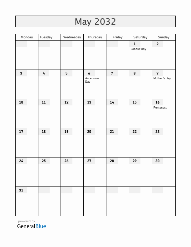 Finland May 2032 Calendar with Holidays