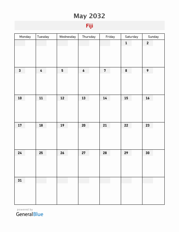 Fiji May 2032 Calendar with Holidays
