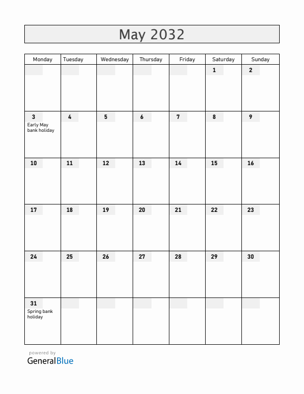 United Kingdom May 2032 Calendar with Holidays