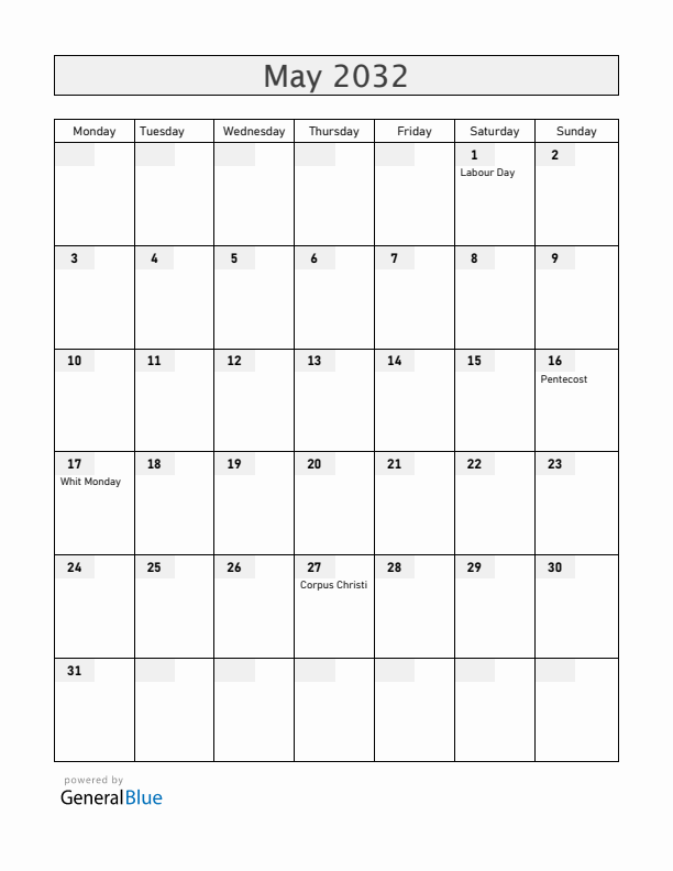 Grenada May 2032 Calendar with Holidays