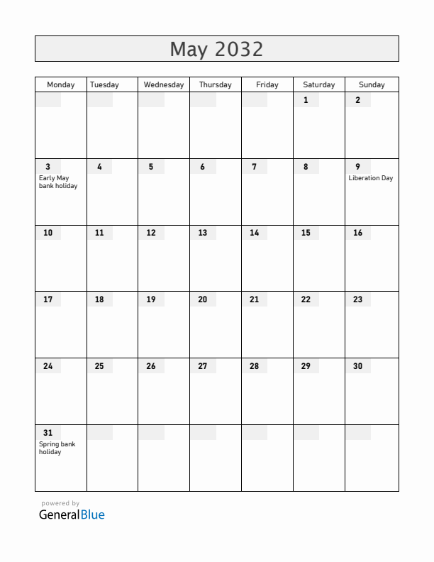 Guernsey May 2032 Calendar with Holidays