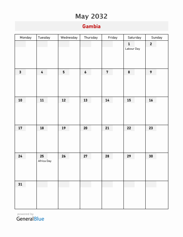 Gambia May 2032 Calendar with Holidays