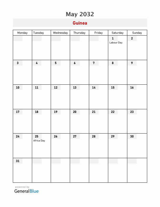 Guinea May 2032 Calendar with Holidays