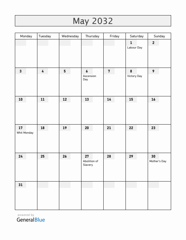 Guadeloupe May 2032 Calendar with Holidays