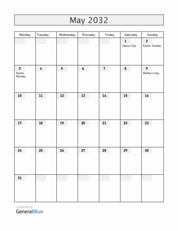 Greece May 2032 Calendar with Holidays