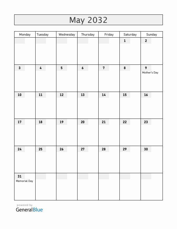 Guam May 2032 Calendar with Holidays