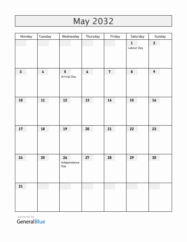 Guyana May 2032 Calendar with Holidays