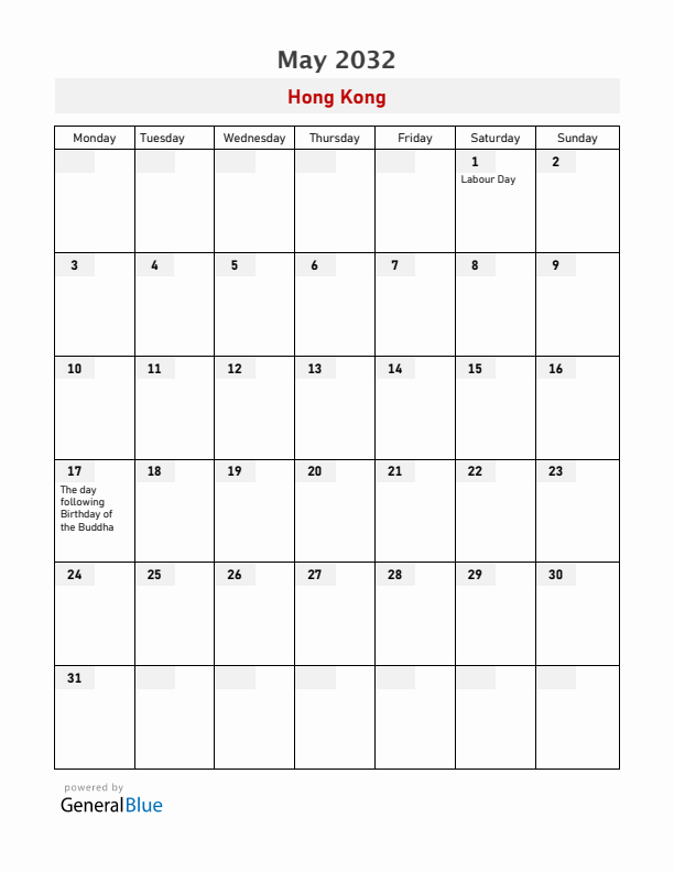 Hong Kong May 2032 Calendar with Holidays