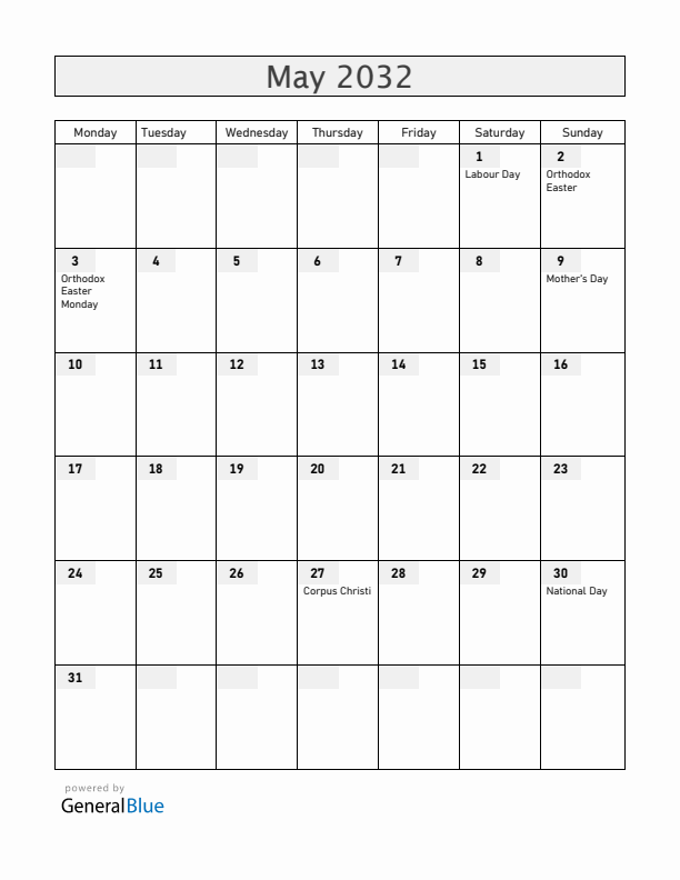 Croatia May 2032 Calendar with Holidays