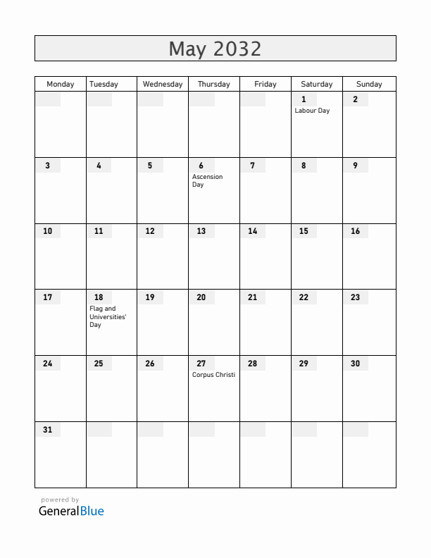 Haiti May 2032 Calendar with Holidays