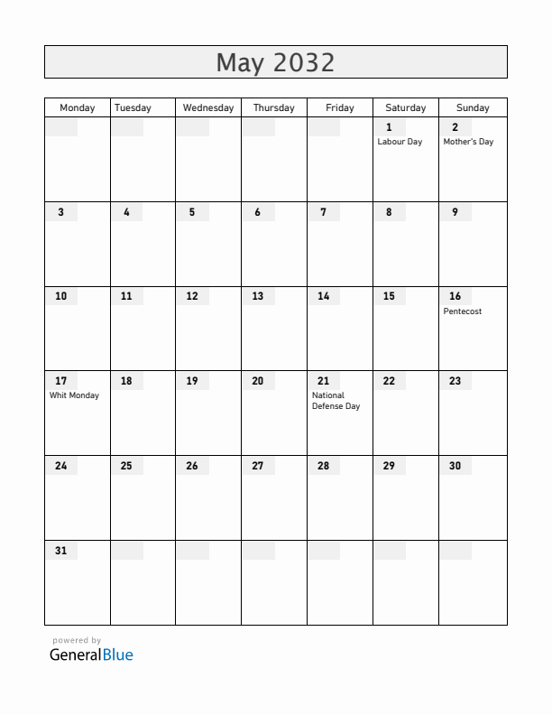 Hungary May 2032 Calendar with Holidays