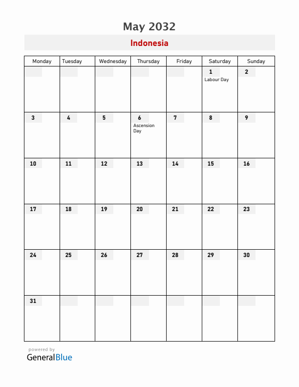 Indonesia May 2032 Calendar with Holidays