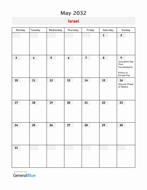 Israel May 2032 Calendar with Holidays
