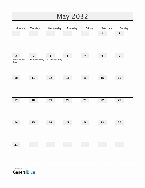 Japan May 2032 Calendar with Holidays