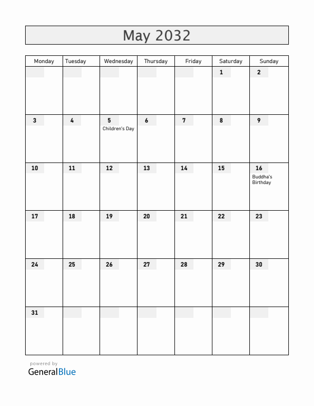 South Korea May 2032 Calendar with Holidays