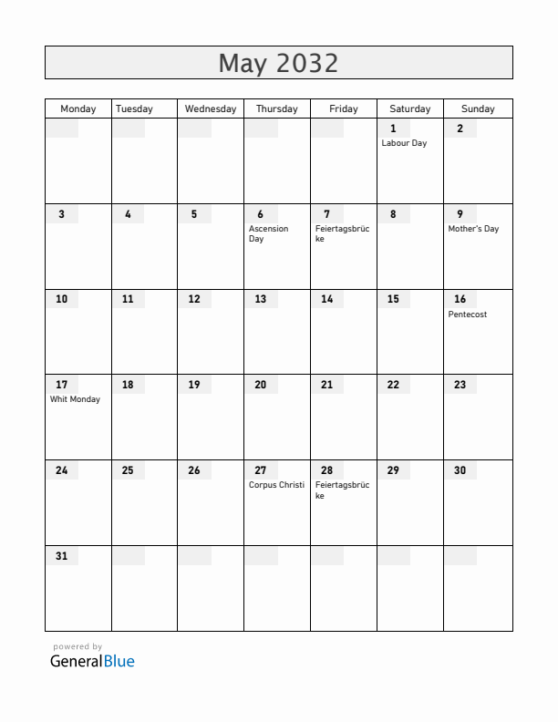 Liechtenstein May 2032 Calendar with Holidays