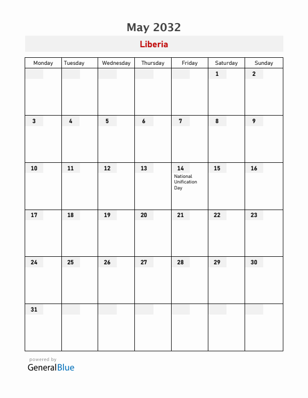 Liberia May 2032 Calendar with Holidays