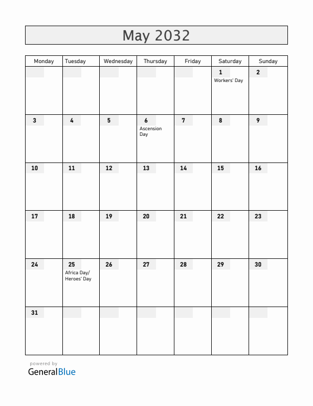 Lesotho May 2032 Calendar with Holidays