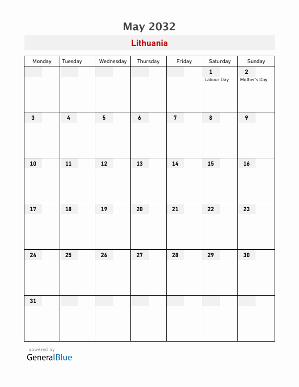 Lithuania May 2032 Calendar with Holidays