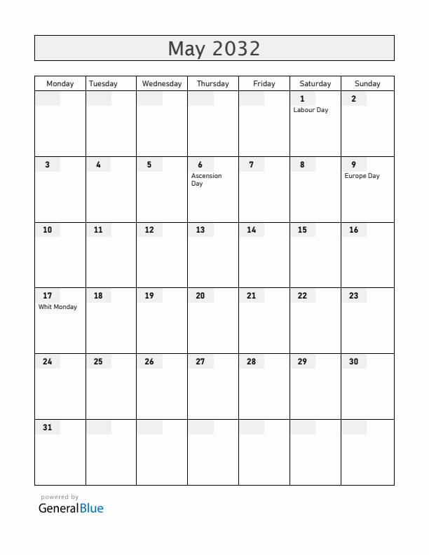 Luxembourg May 2032 Calendar with Holidays