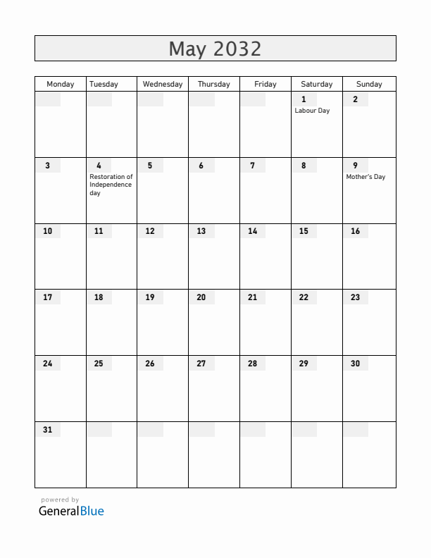 Latvia May 2032 Calendar with Holidays