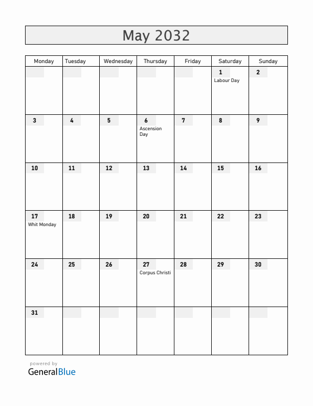Monaco May 2032 Calendar with Holidays