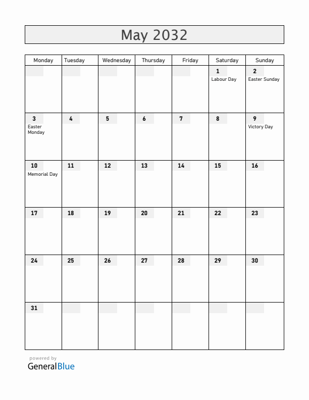 Moldova May 2032 Calendar with Holidays