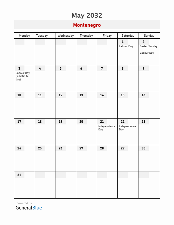 Montenegro May 2032 Calendar with Holidays