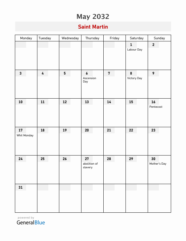 Saint Martin May 2032 Calendar with Holidays