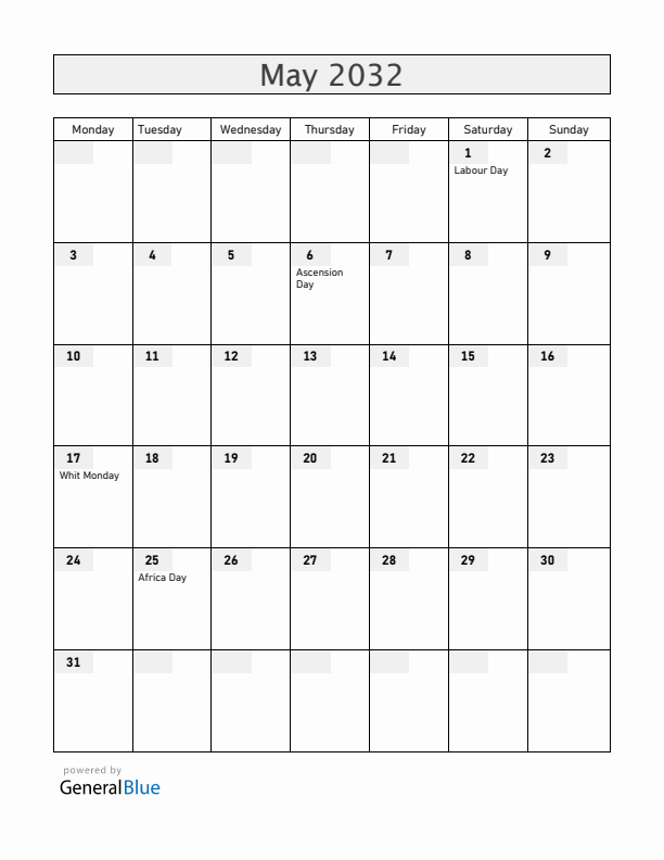 Madagascar May 2032 Calendar with Holidays