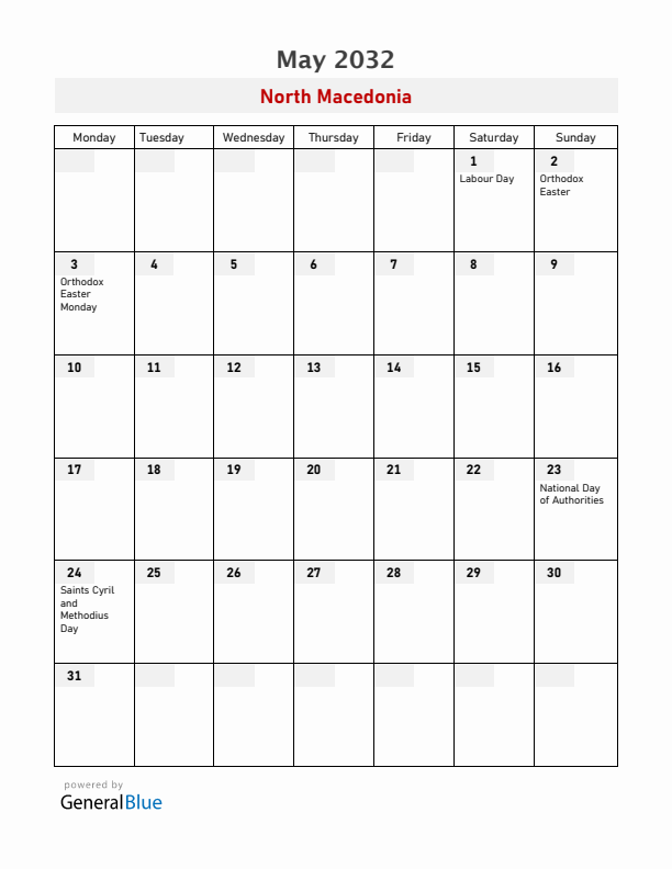 North Macedonia May 2032 Calendar with Holidays