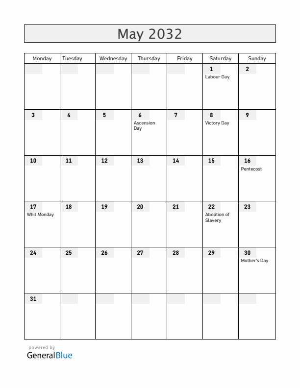 Martinique May 2032 Calendar with Holidays