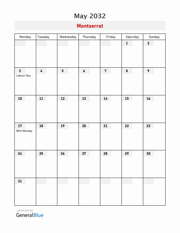 Montserrat May 2032 Calendar with Holidays